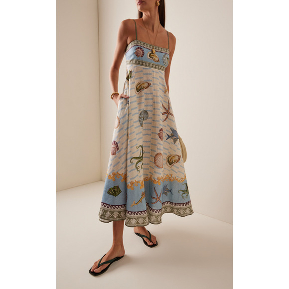 ALEMAIS + Sam Pauletto Bath House printed smocked linen midi dress US 4 - Picture 3 of 11